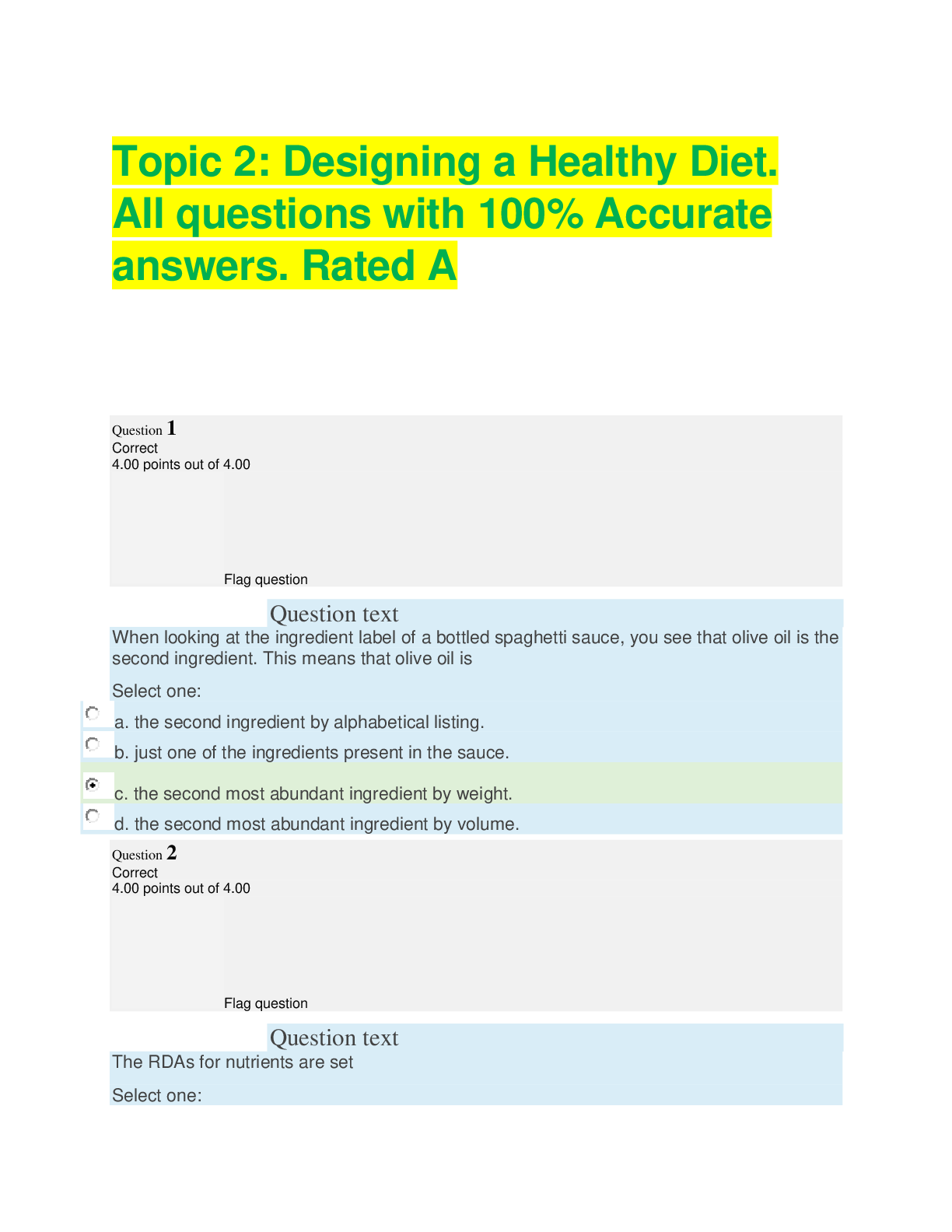 Preview image for Topic 2: Designing a Healthy Diet. All questions with 100% Accurate answers. Rated A